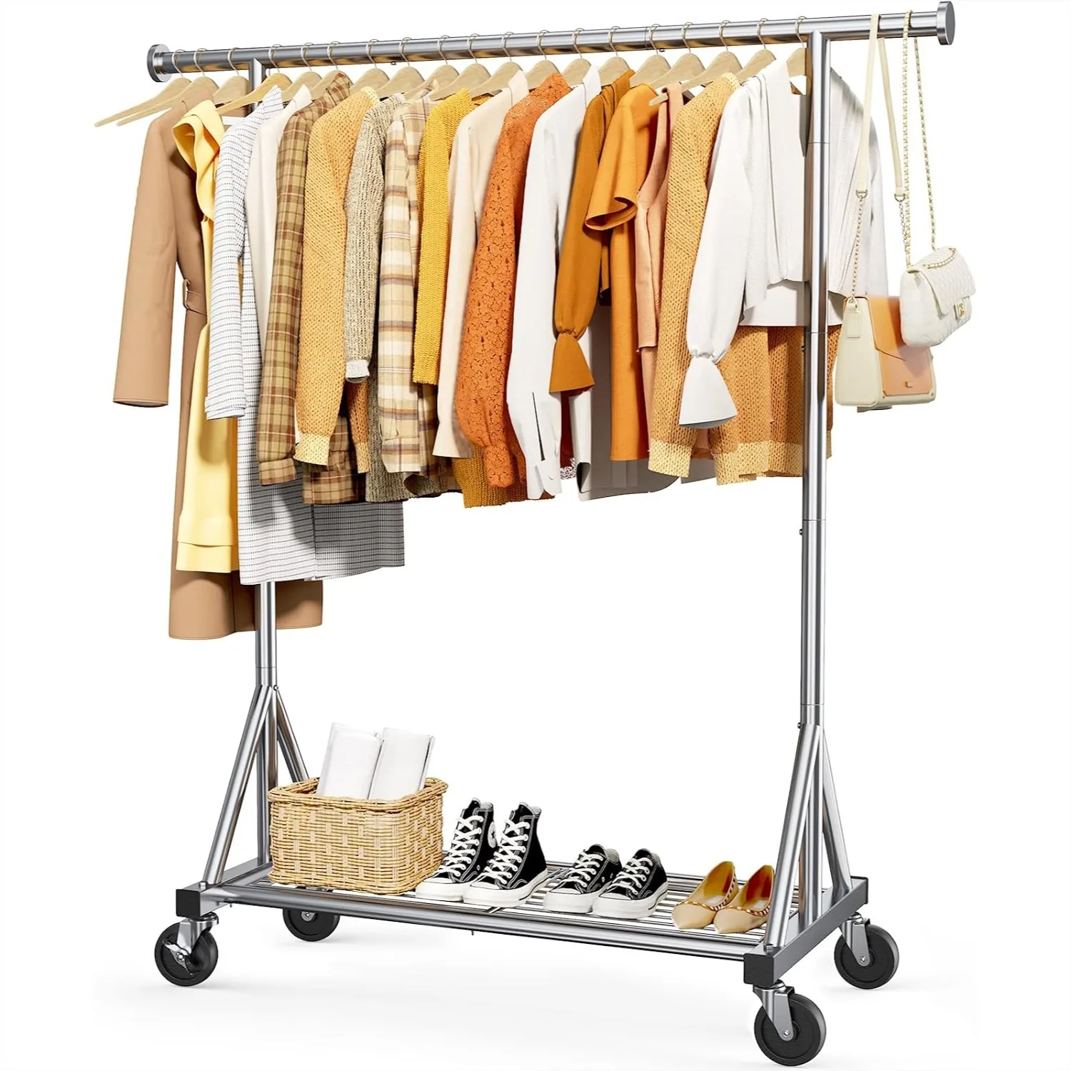 Heavy Duty Stainless Steel Rolling Clothes Rack with Mesh Shelf, Lockable Wheels, Large Capacity Garment Organizer for Bedroom