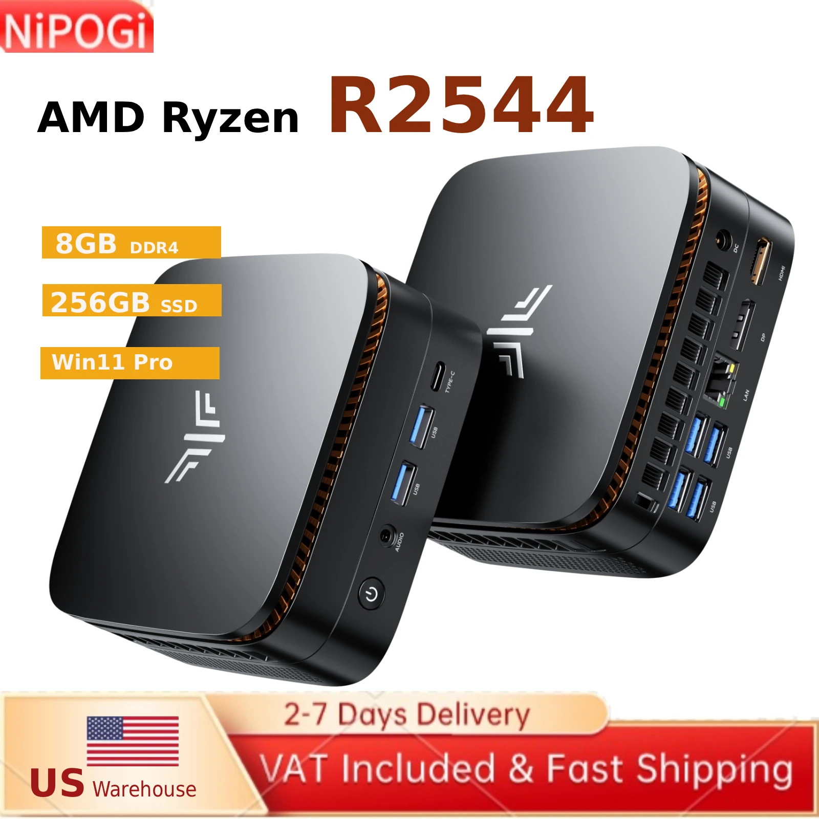 NIPOGI Mini PC Ryzen R2544(Beat 4300U 3.7GHz) 16GB DDR4 512GB SSD Triple 4K Output Windows11 Pro Home Office Small Desktop PC