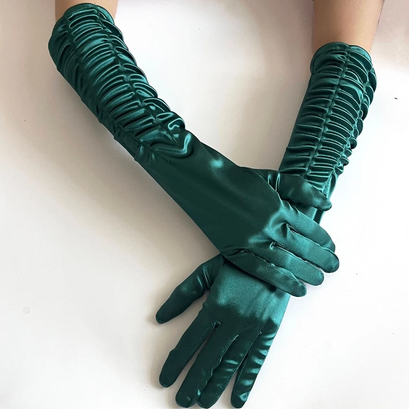 

Elegant Satin Long Wrinkled Gloves Wedding Party Stage Performance Sunscreen Driving Pleated Stretch Gloves