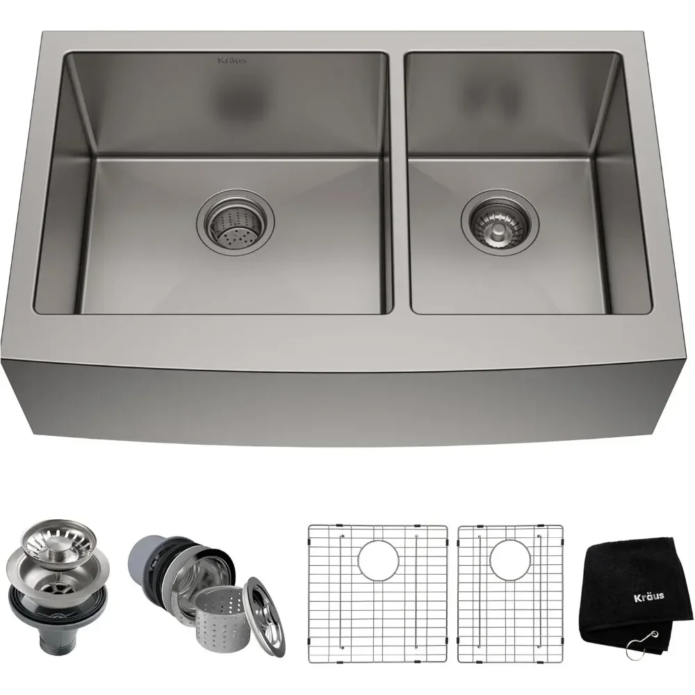 33 inch apron front farmhouse 16 Gauge 60/40 double bowl stainless steel kitchen sink, KHF203-33