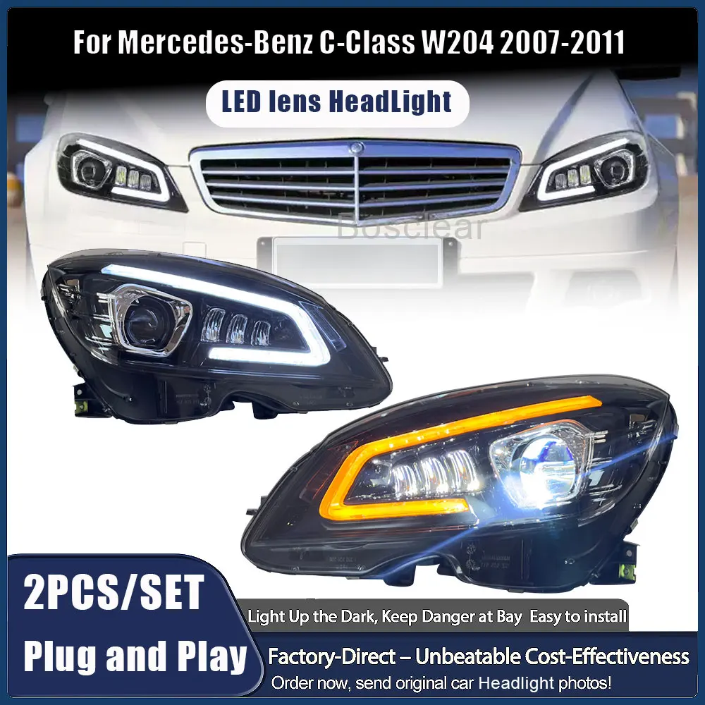 

2 шт. фара для Benz W204 светодиодные фары 2007-2011 фара C200 C260 C300 DRL указатель поворота дальнего света линза проектора «ангельский глаз»