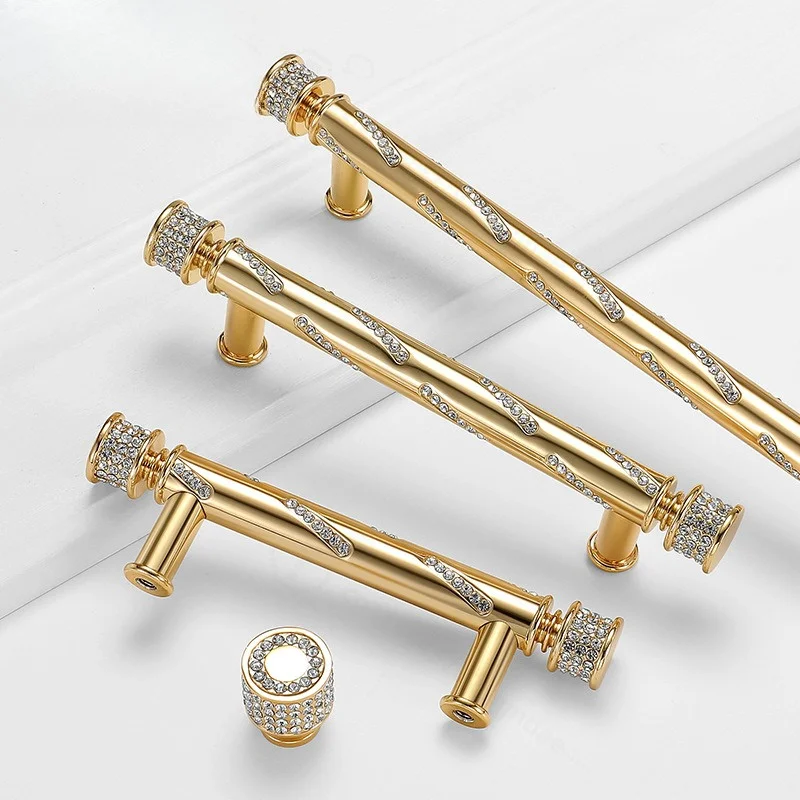 Luxury Golden Long Cabinet Door Handle, Inlaid Diamond Drawer Pulls, Nordic Style Wardrobe Shoe Cabinet Furniture Knobs