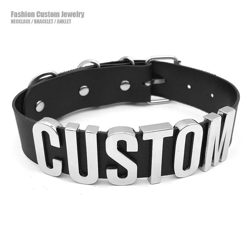Collar Gargantilla con Hebilla de Cinturón Gótico Negro de PU con Letras Personalizadas, Estilo Punk Sexy para Hombre y Mujer, Joyería Cosplay