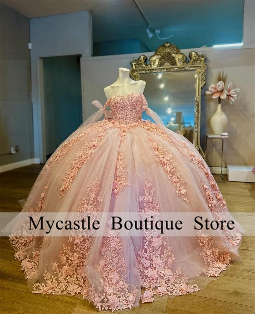 Roze Kanten Appliques Quinceanera Jurken Baljurk 2024 Strik Bloemen Tule Sweet 16 Jurk Verjaardagsfeestjurken Vestido De 15 Anos