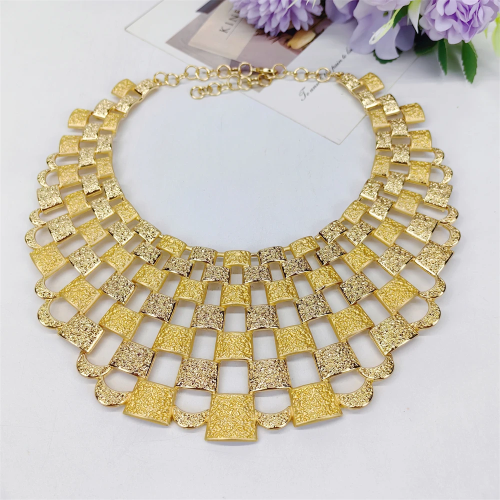 Luxury 18K Gold Plated Jewelry Set Layered Grid Design Nigeria Brazilian Wedding Jewelry For Mother & Friends Best Gifts