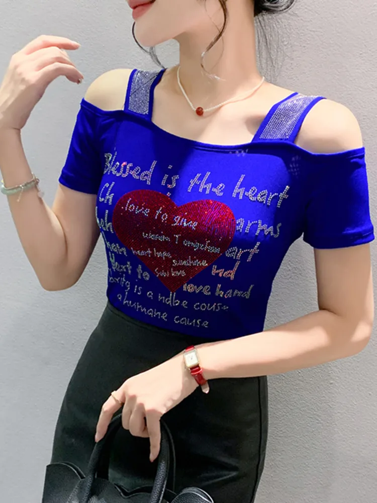 女性のためのセクシーな黒と青のメッシュTシャツ,短い裸の肩のTシャツ,ダイヤモンドの文字,韓国のファッション,7212