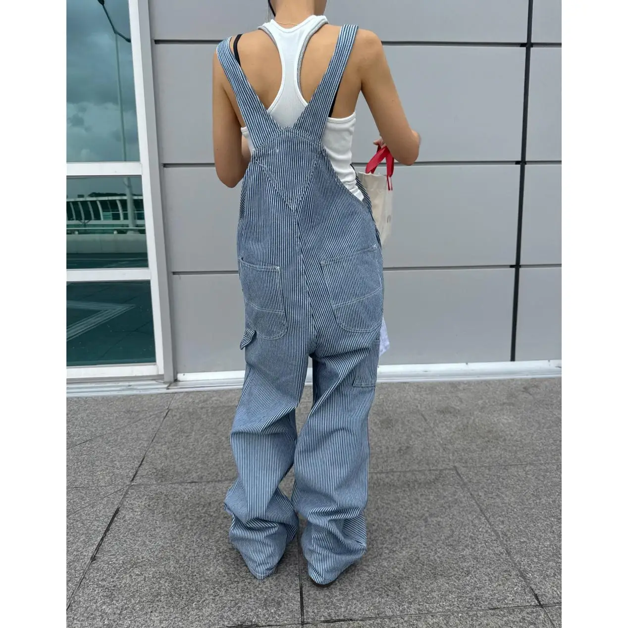 Salopette di jeans casual allentata a righe verticali antietà coreana Sle per donna Colore blu 96% più cotone Stagione primaverile