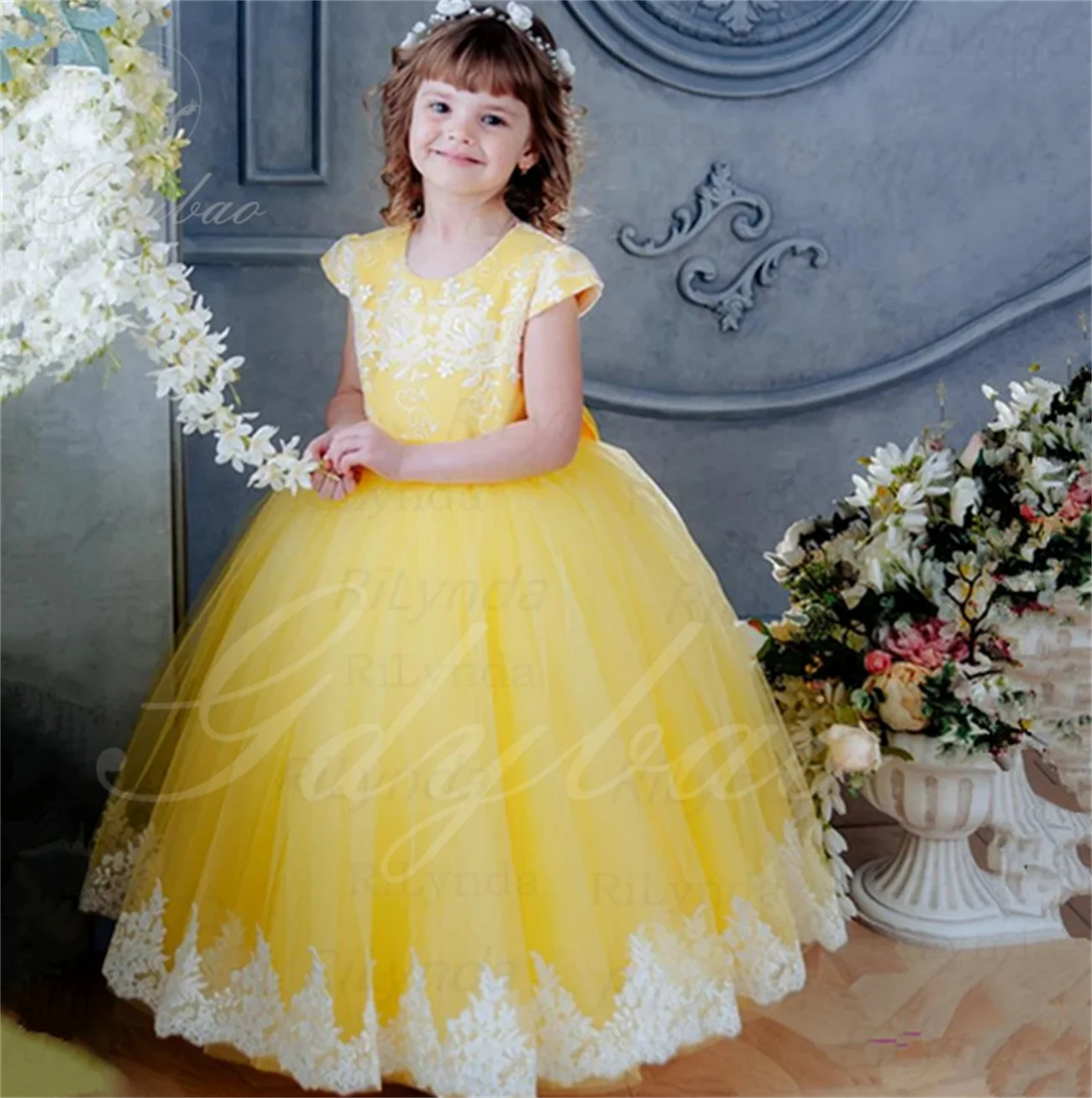 Flower Girl Dresses Yellow Flower Girl Dress,Short Sleeve Dress, Gown for Baby Birthday Party,Wedding Party Dress for Girl