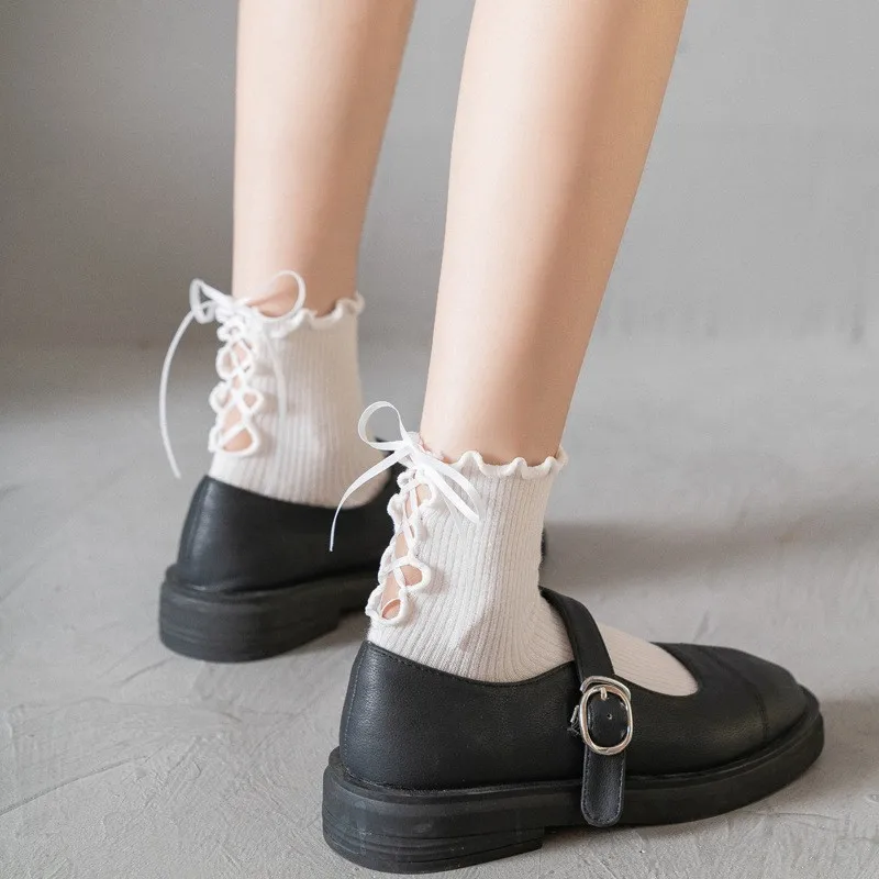 

Ribbon Bow Lolita Socks Cute Tie Wood Ear Lace Women's Mid Length Socks White Japanese JK Student Socks