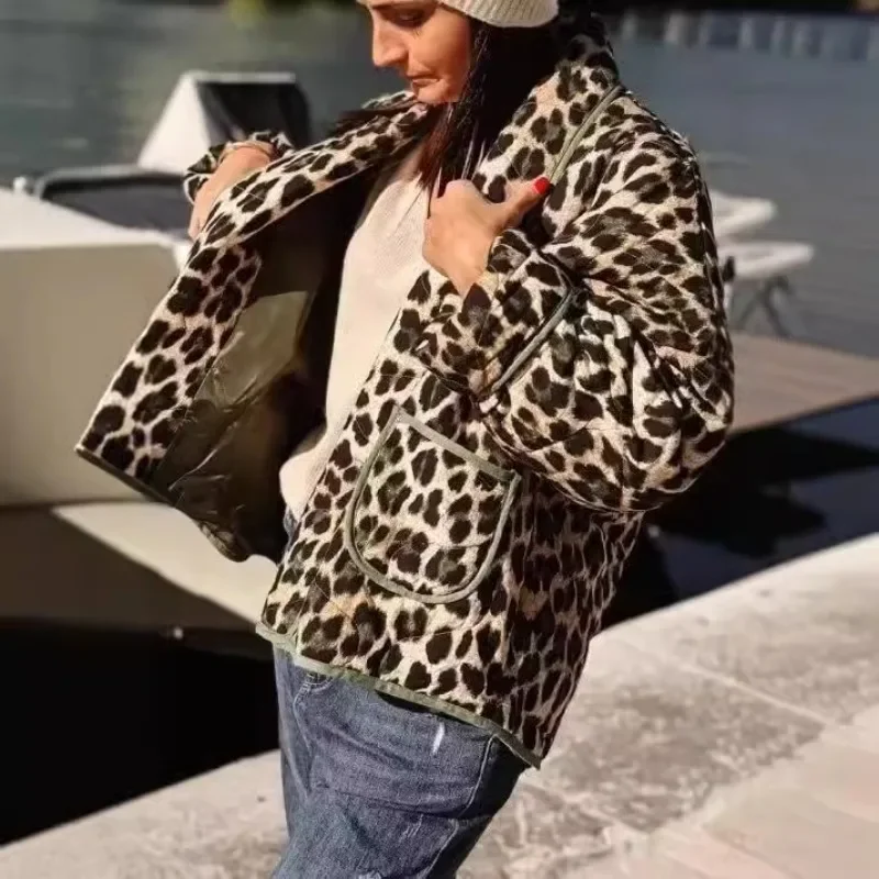 ヒョウ柄キルティングコート女性のための春秋ラペルルーズ長袖綿アウターレディースカーディガン女性ジャケット