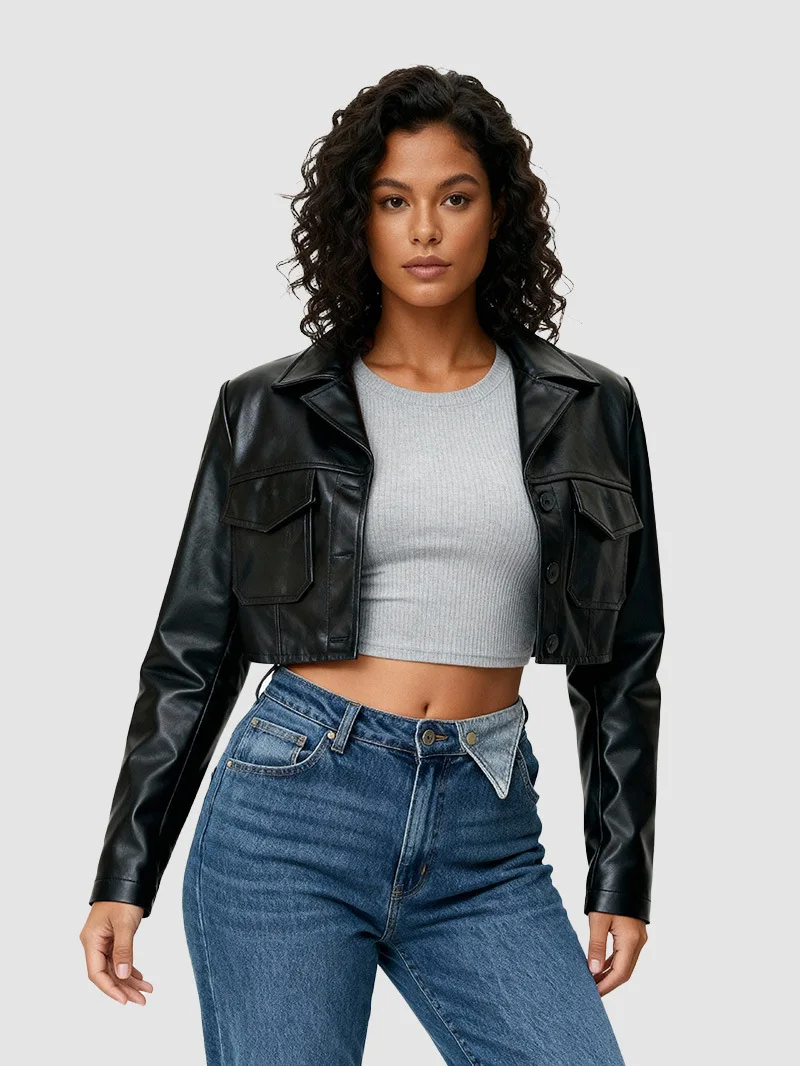 Veste courte noire en cuir contrasté pour moto, veste en cuir patchwork avec fermeture éclair pour femme, veste d'hiver tendance pour femme