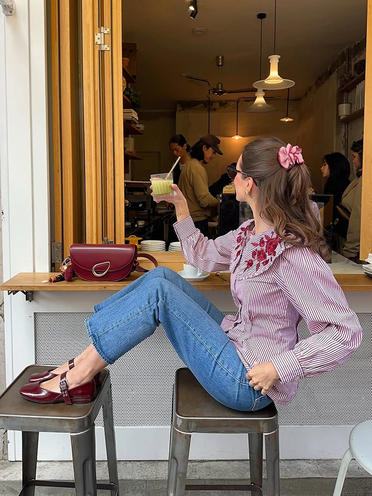 Besticktes Karohemd mit Taillenschnürung für Damen, Elegante Bluse mit Revers, Langen Ärmeln und Einreihiger Knopfleiste, Schlanke Passform, Neue Bürodamen-Partykleidung – Detail 16