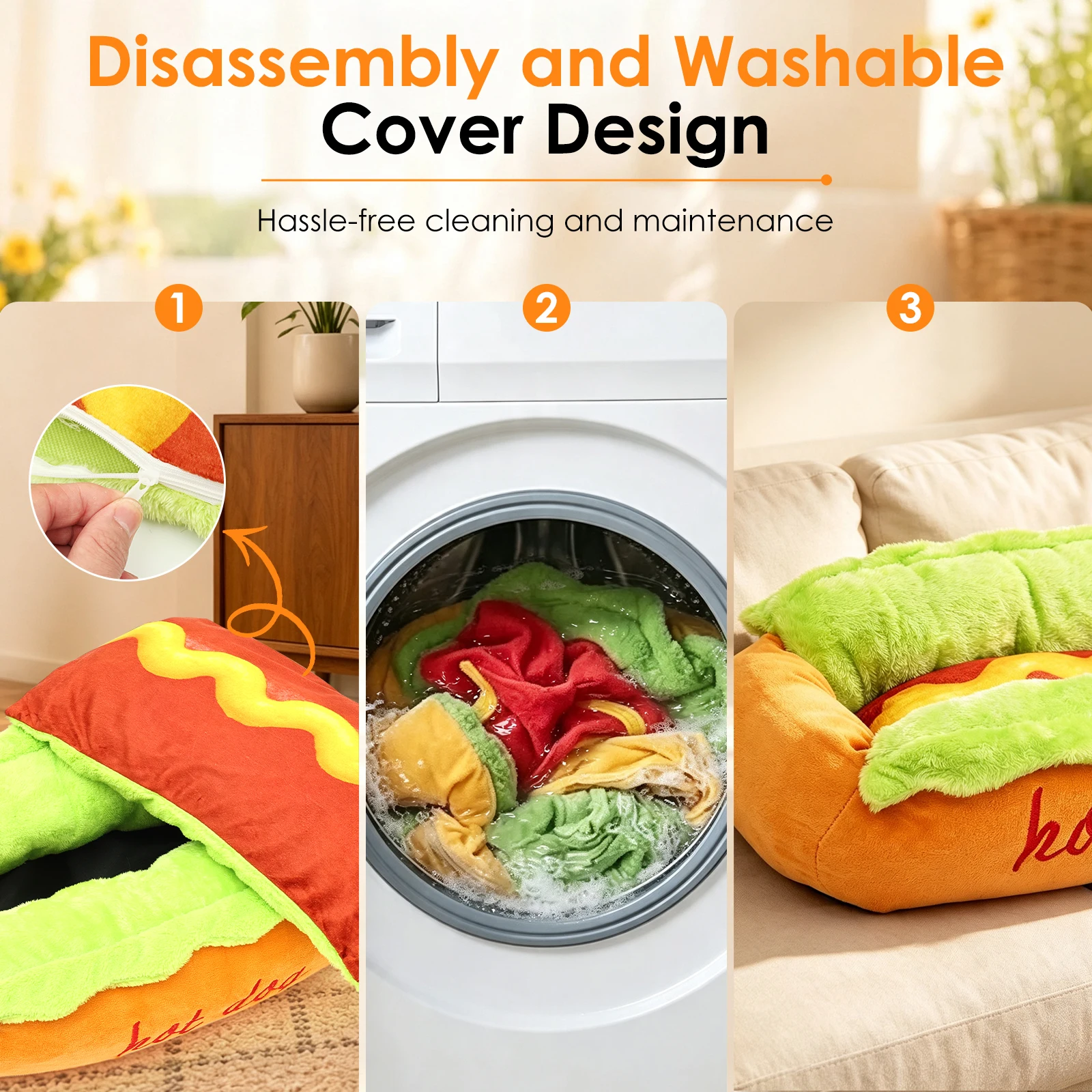 Hot Dog Design Pet Bed Soft Plush Dog Cat Sleeping Mat Removable Washable Pet Bun Sofa Bed