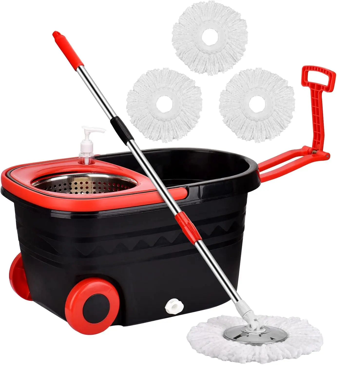 

Set on Wheels with 3 Microfiber Mop Refills, Stainless Steel 61" Extended Handle Spinning Mop Bucket System for Floor Cleaning