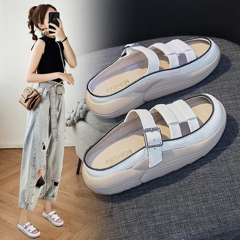 

2023 Summer New One Step Sandals for Women Outerwear Ins Tidal Thick Sole Slippers Retro Casual Beach Shoes Zapatos De Mujer