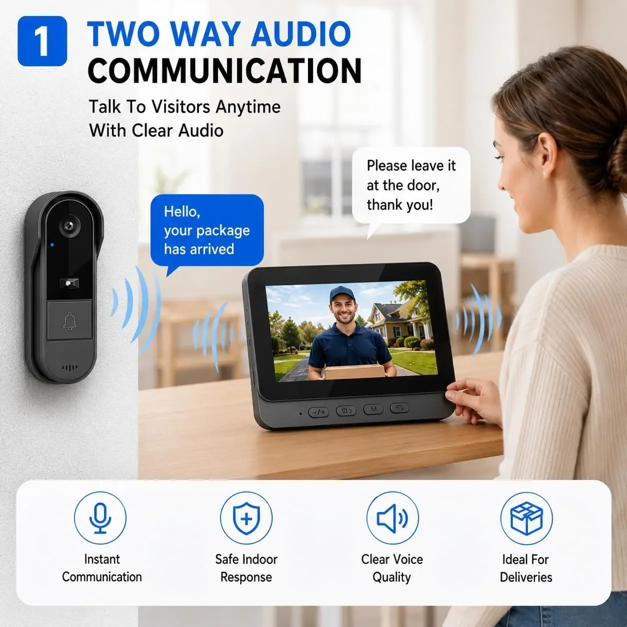 Wireless Wifi Doorbell Camera 1080P Waterproof Video Intercom Doorbell 4.3in IPS Screen Home Security Door Bell IR Night Vision