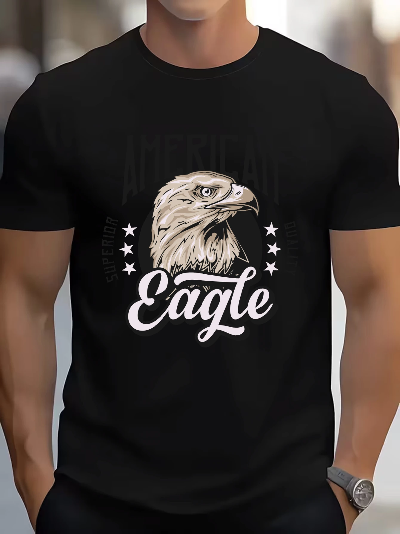 

Retro Eagle Logo Graphic T-Shirt for Men, Classic Biker Style Short Sleeve Tee, Casual Eagle Print Tops