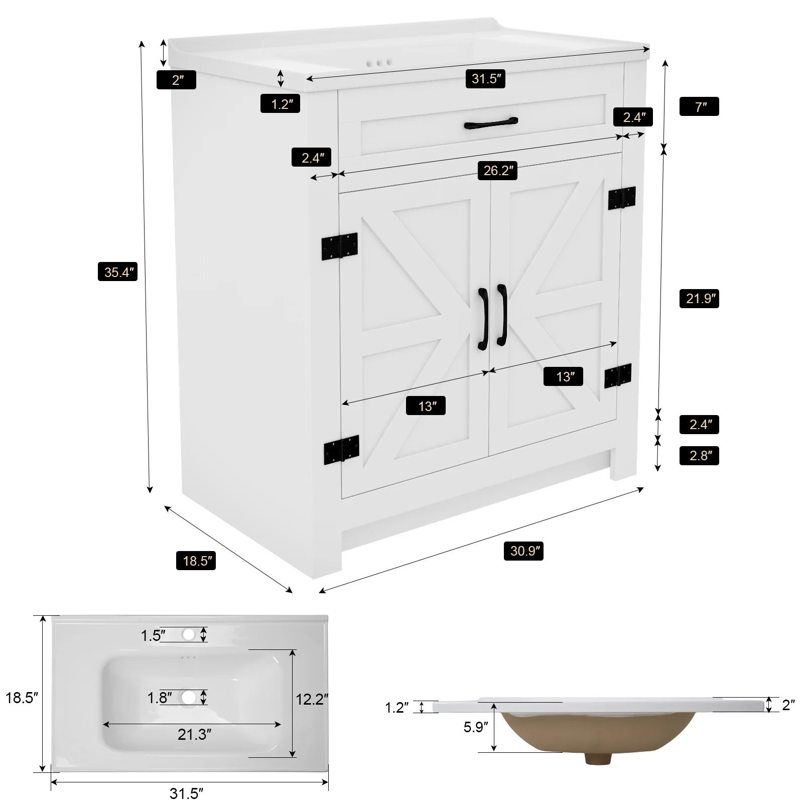 Vanité de salle de bain de 31 pouces avec lavabo simple en céramique, meuble de salle de bain en bois autoportant, nouveau