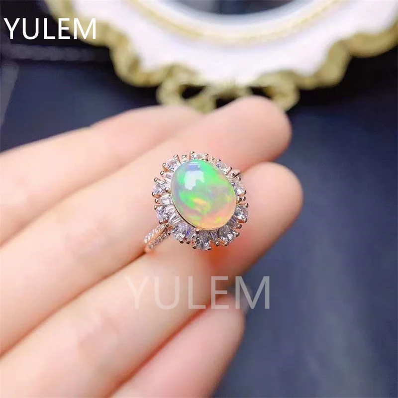 YULEM Natural Colorful Opal Ring Oval Cabochon 925 Sterling Silver Crystal Healing Stone Fashion Jewelry Gift For Women Men