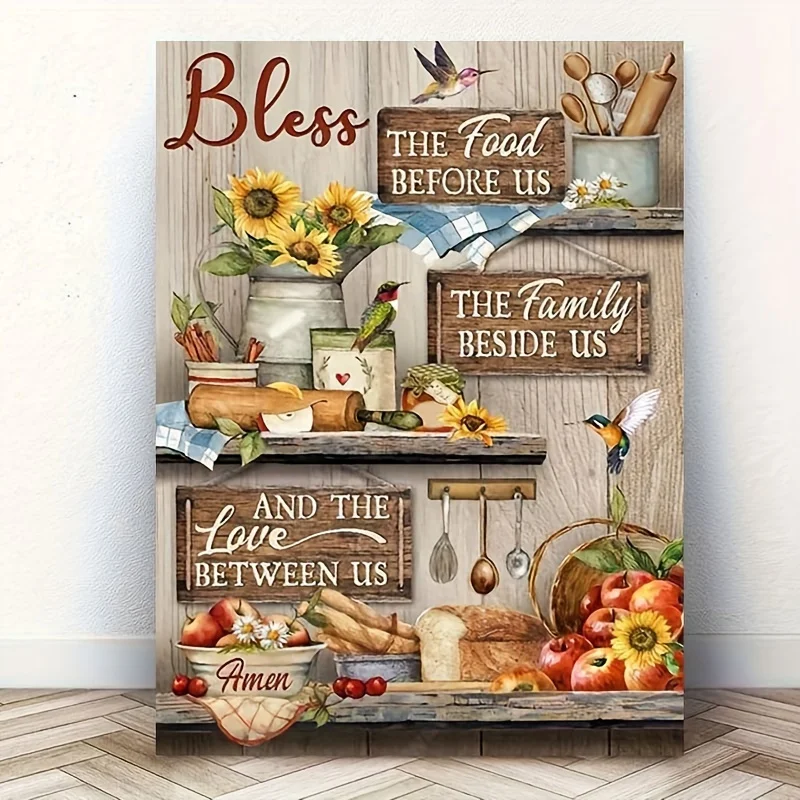 

1pc Wooden Framed Colorful Kitchen Canvas Art- Vibrant Apple and Hummingbird Painting with "Bless the Food Before Us" Quote, Bri