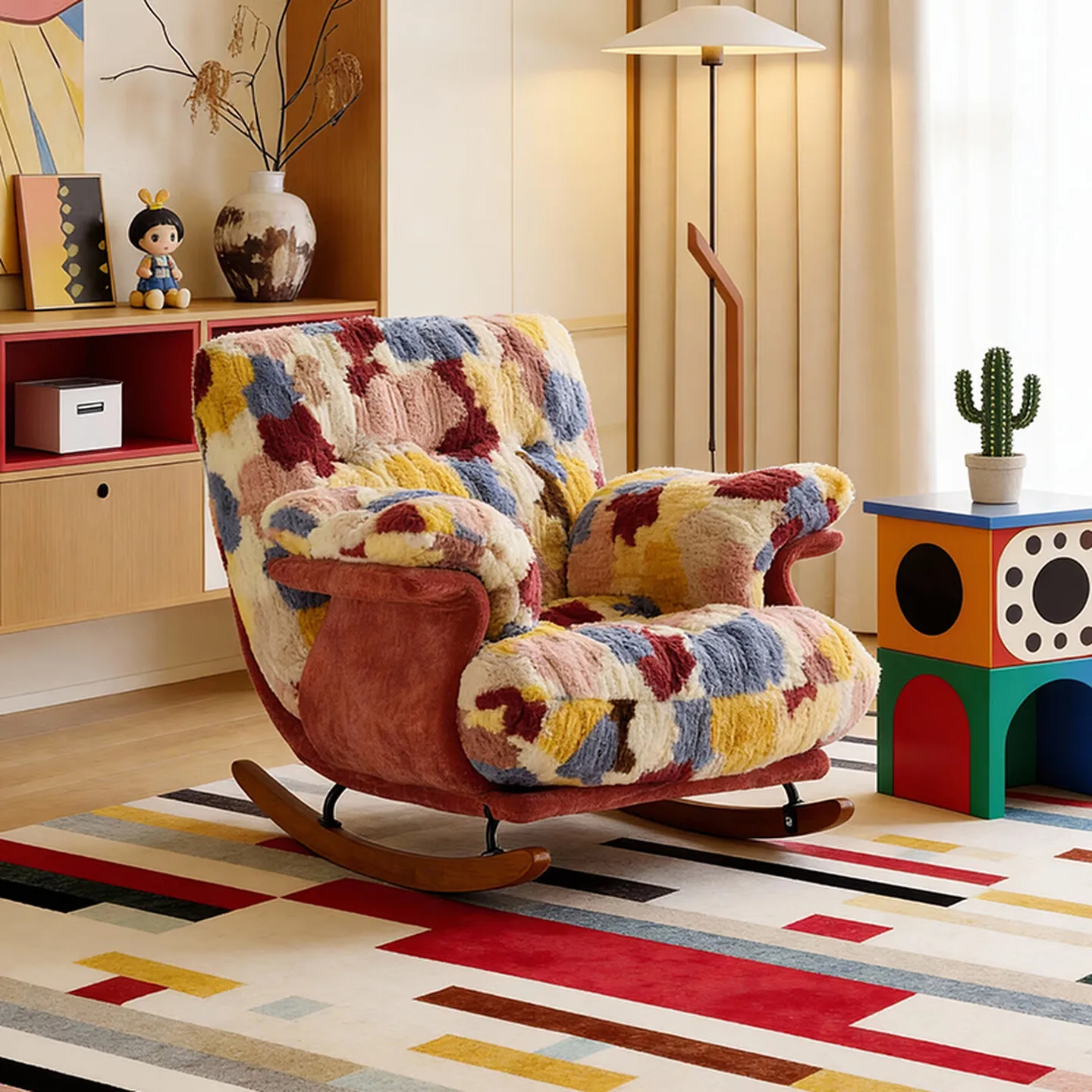 Dopamine Wind Rainbow Fleece Rocking Chair Apartment Study Reading Reclining Chair Bedroom Area Single Sofa Chair view 2