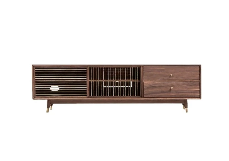 

Metal brass sliding door solid wood audio-visual cabinet Nordic modern cherry wood black walnut oak storage TV cabinet