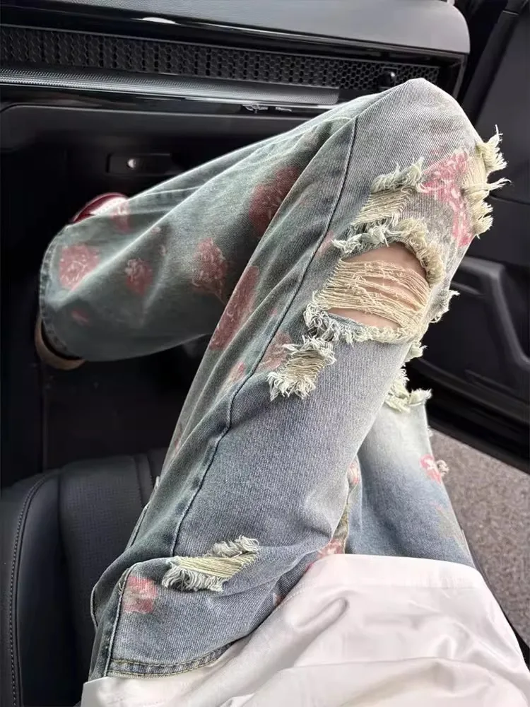 

Light Blue Floral Print Ripped Denim Jeans Loose Wide Leg Summer Thin American High Street Vibe Pants for Men And Women