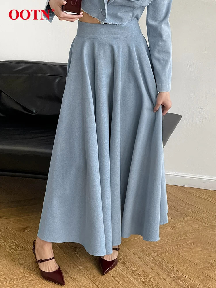 OOTN Autumn Cotton Blue Long Skirts Women Elegant Loose Solid Pleated A-Line Skirts Fashion High Waist Party Skirts Female 2024