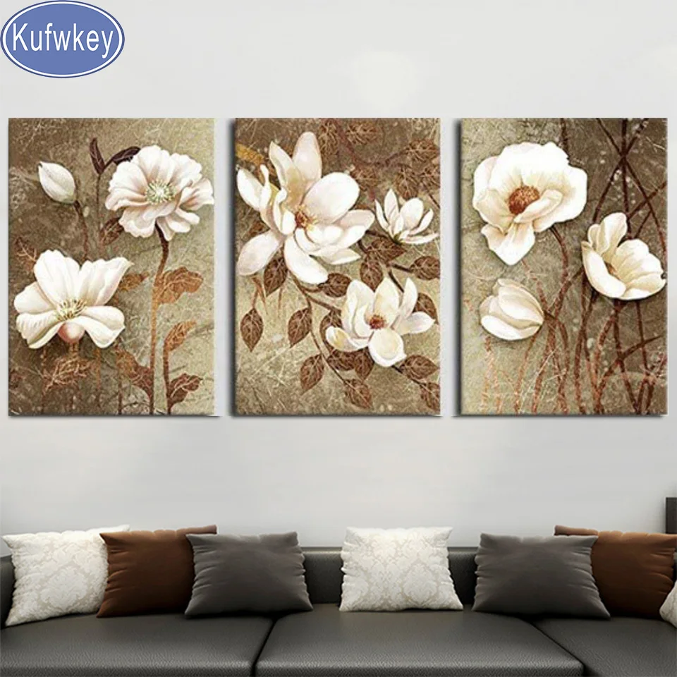 5d Diy Diamond painting Triptych Vintage White Flower decoration 3 pieces diamond embroidery bathroom living room decoration