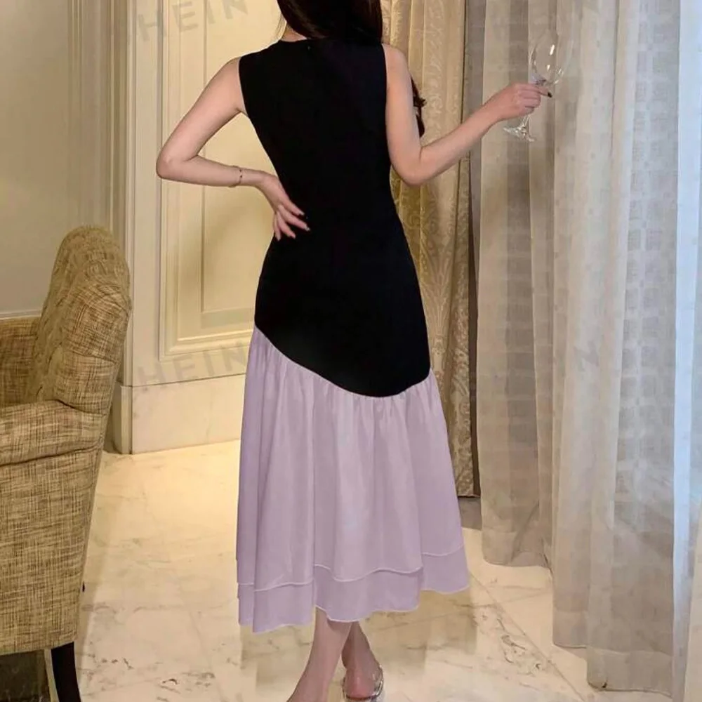 Contrast Color Jersey Sleeveless Off the Shoulder Crew neck Tea Length A-Line Graceful and Temperament Evening Dress Photo Color