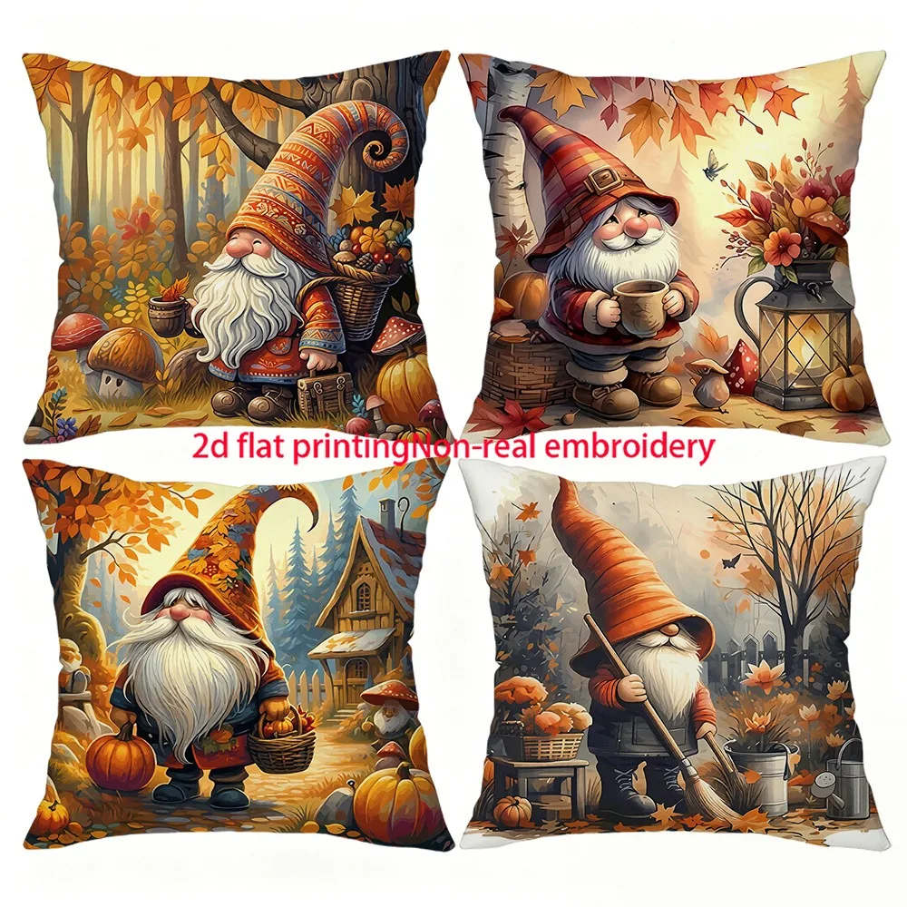 Large Set of Four Printed Throw Pillows Autumn Gnome Pumpkin Woodland Harvest Cushion Covers Seasonal Fall Decor Home Accents