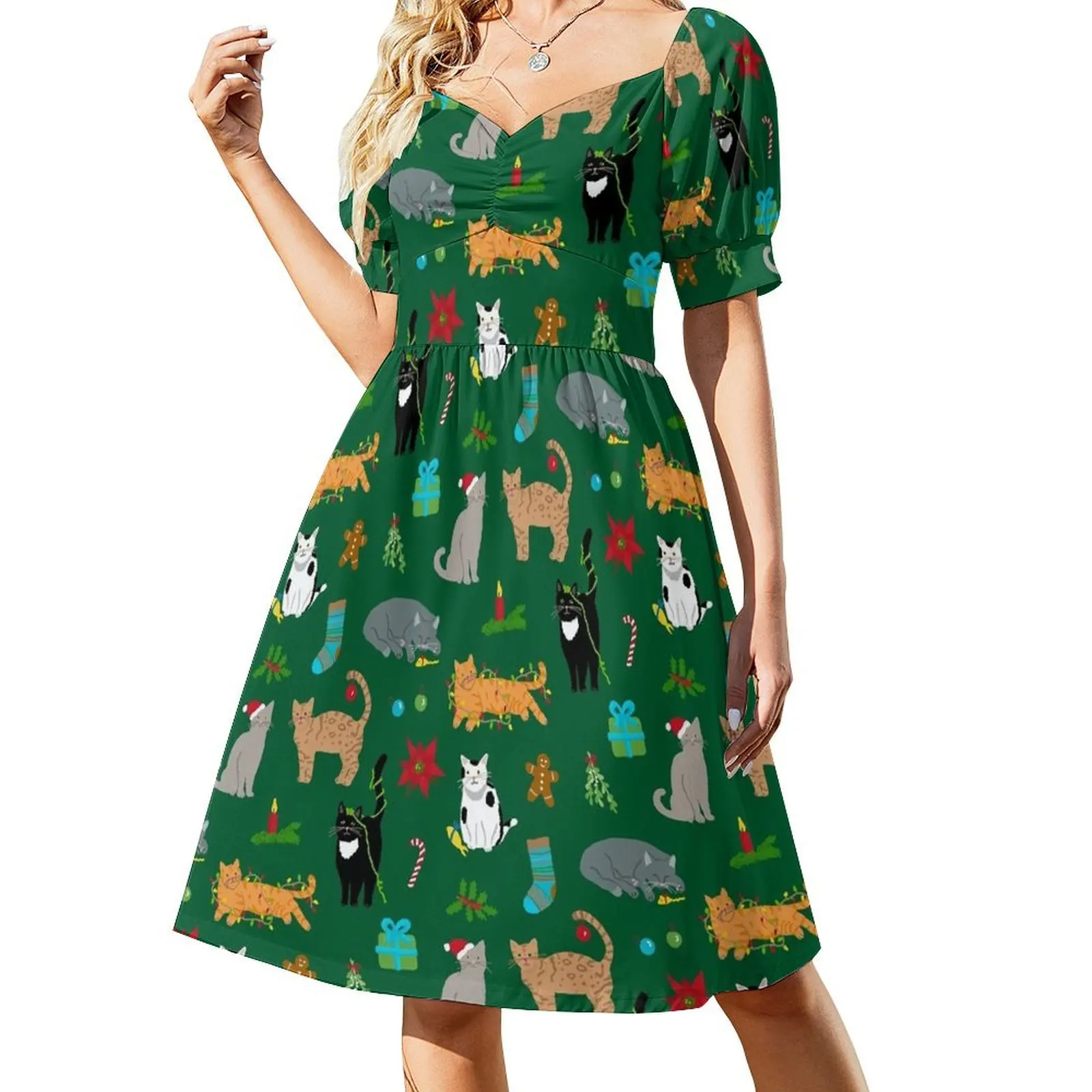 

Christmas Cats Short Sleeved Dress Cocktail of dresses Woman fashion Dress