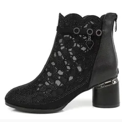 Large mesh cool boots women in spring summer new women's hollowed out mesh medium heeled thick heeled Sequin boots C746
