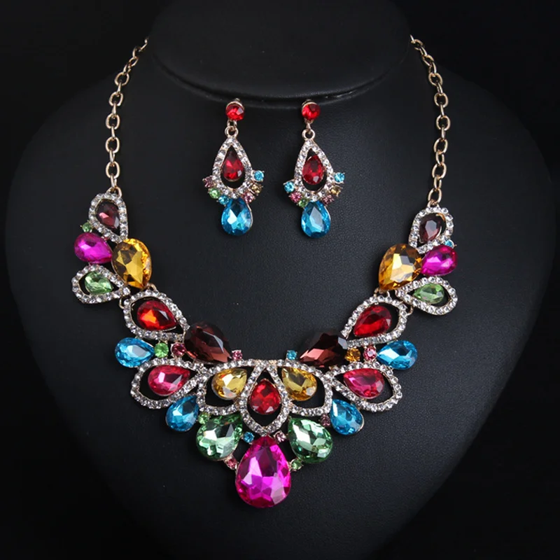

European and American crystal and gemstone short necklace and earrings set - formal evening dress women's accessories