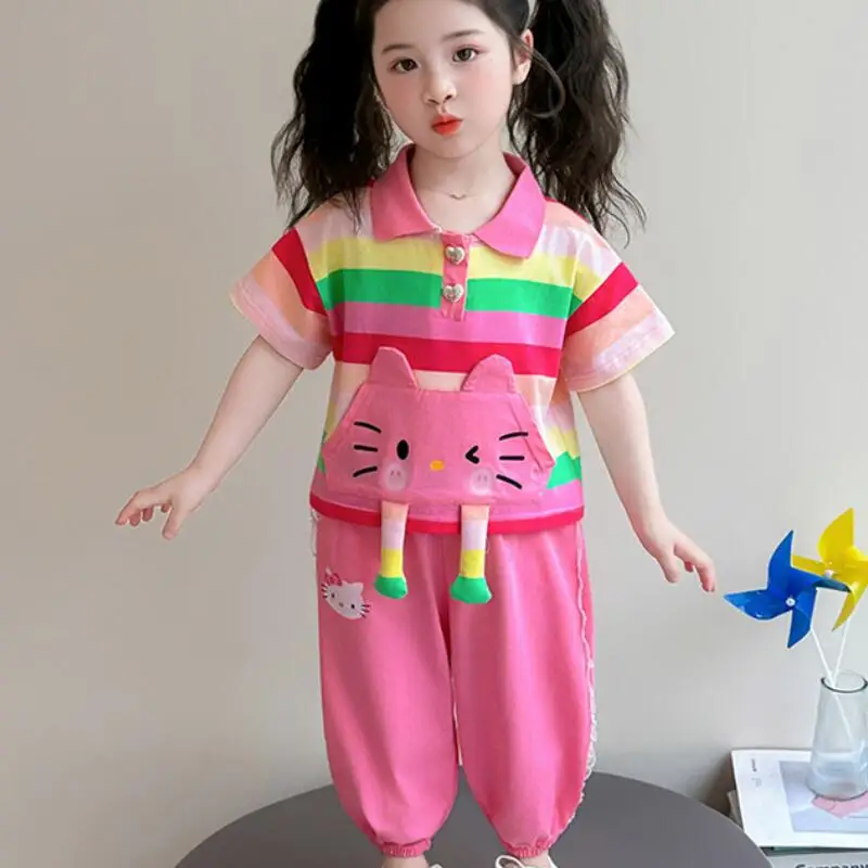 

Children's Lapel Short Sleeve Pants Suit Summer New Style Girls Cartoon Fashion Soft T-Shirt Korean Breathable Two-Piece Set