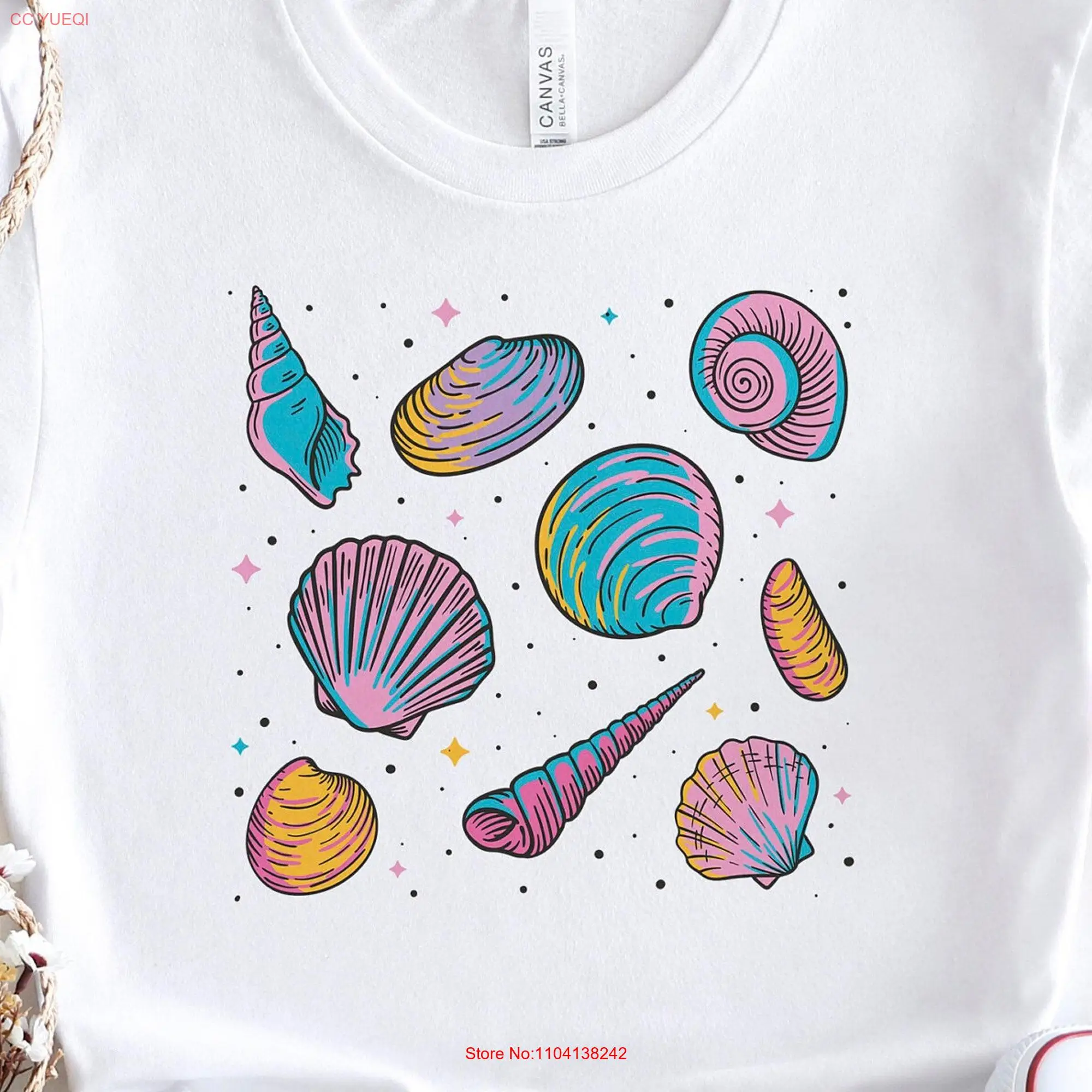 Colorful Shells T Shirt Seashell Ocean Inspired Top Beach Vacations for Sea Lovers Mother's Day long or short sleeves