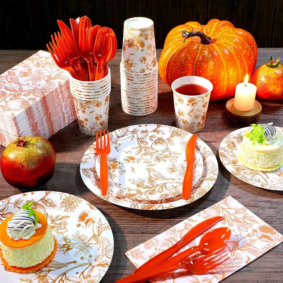 Juego de vajilla desechable de 400 Uds para suministros de fiesta de otoño con temática otoñal, que incluyen platos de papel, servilletas, tazas, cuchillos y cucharas f