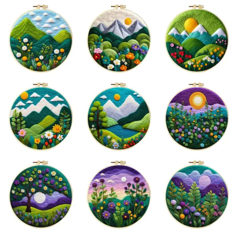 

Mountain Sunrise Felt Starter Kits For Adults Diy Wool Felting Painting Beginners Kit Embroidery Frame Wool Needlework Crafts