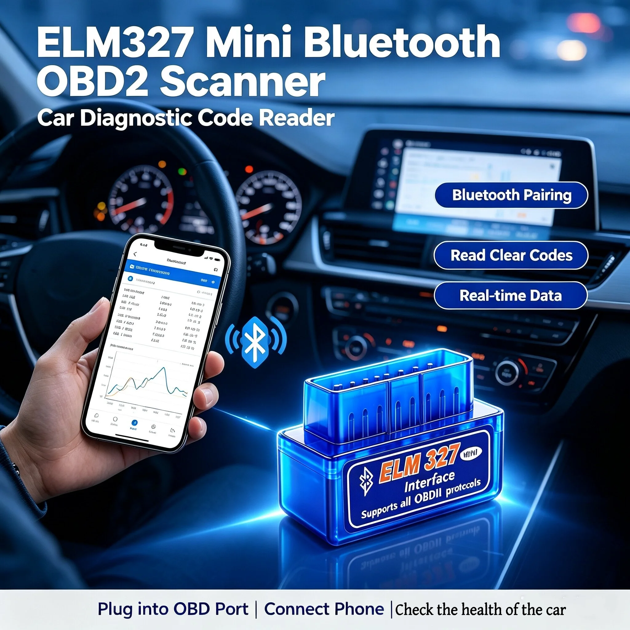 Super Mini ELM327 Bluetooth OBD2 Scanner Car Engine Fault Code Reader Diagnostic Tool For Android All OBD2 Protocol