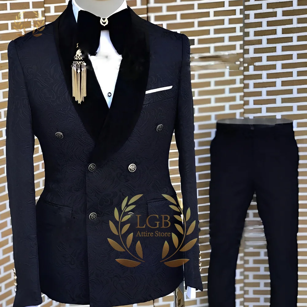 

Navy blue jacquard wedding suit men slim fit double breasted groom tuxedo 2 piece suit groomsmen prom suits menswear