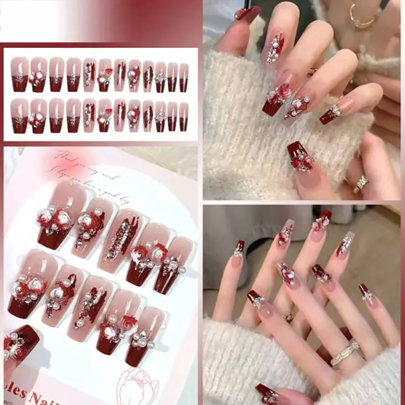 Middellange nepnagels 3D bloem parel ontwerpen naakt roze kleur druk op nagels ballerina kunstnagels voor vrouwen DIY manicure