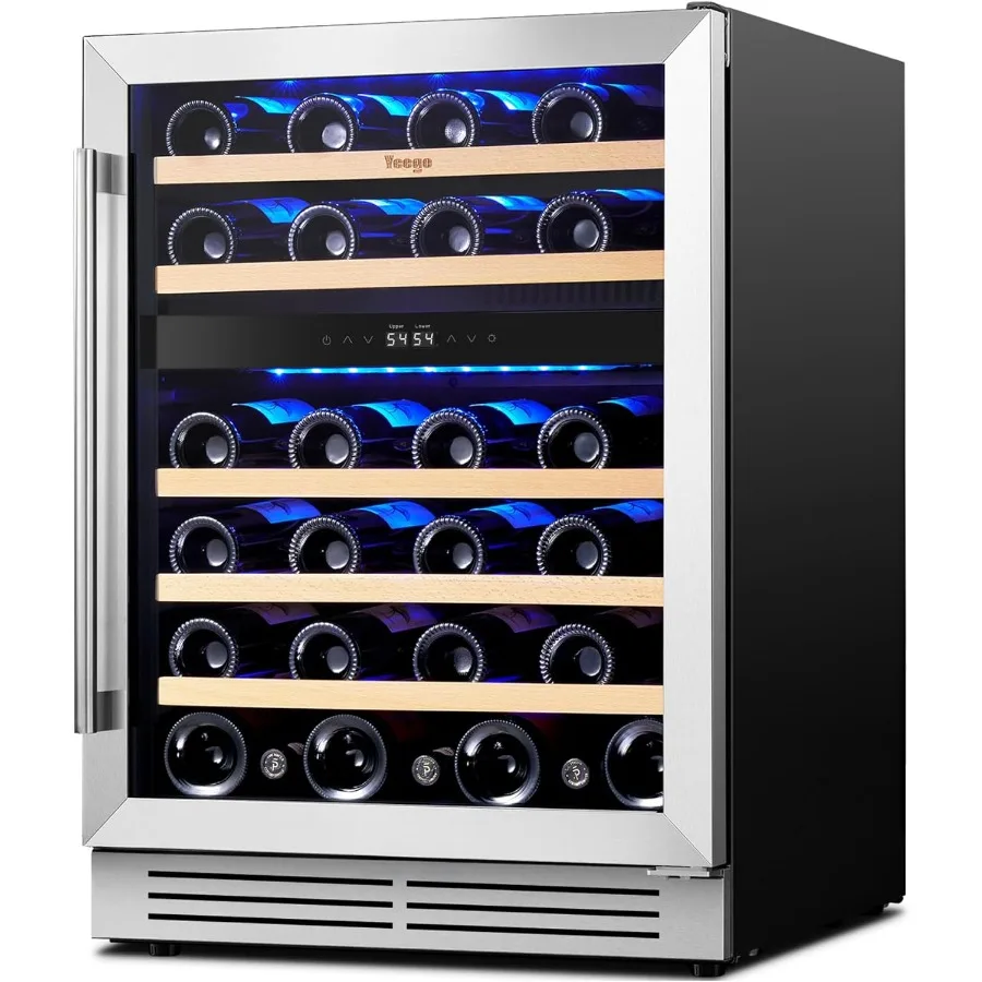 

24-дюймовый двухзонный холодильник для вина, емкость 47 бутылок, стеклянная дверь, встроенный отдельно стоящий охладитель под столешницей для пивных газированных напитков 40