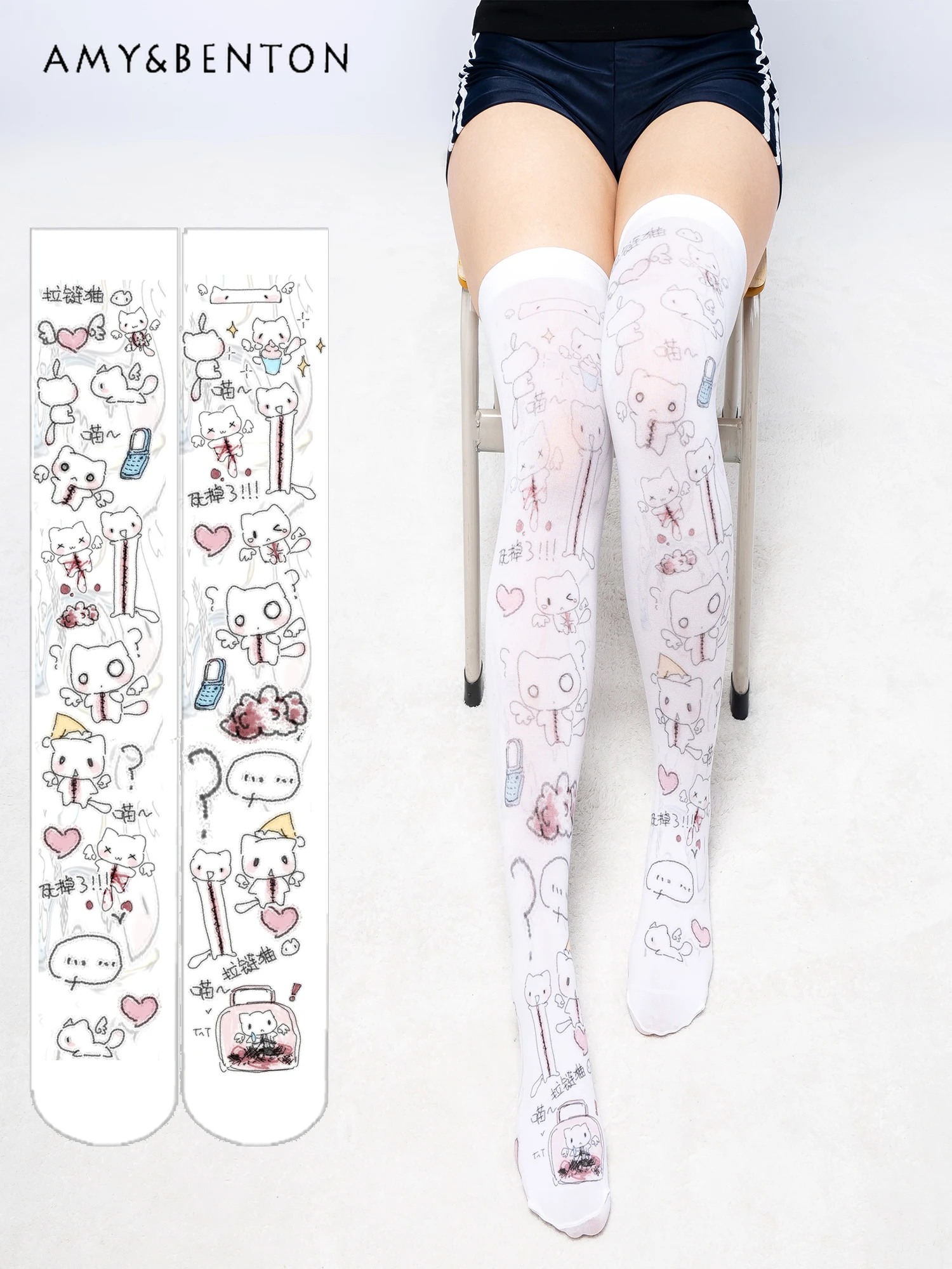 Subculture Kawaii Cartoon Anime Printed Thigh High Stockings Harajuku Gothic Knee High Socks Velvet Long Socks Cute Stockings