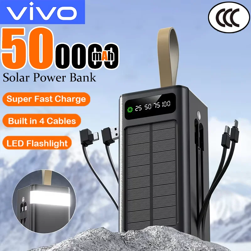 

VIVO 500000mAh Solar Power Bank Large Capacity Cord External Battery LED Light Portable Four Interface Charger