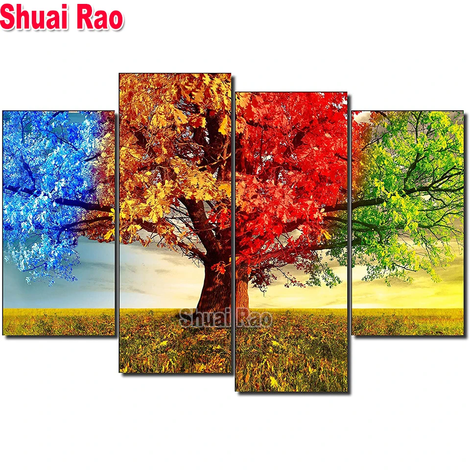 4 Piece Diamond Painting Landscape four Seasons Trees Modern 3d Picture Home Decoration Mosaic spring,Summer, autumn, winter,