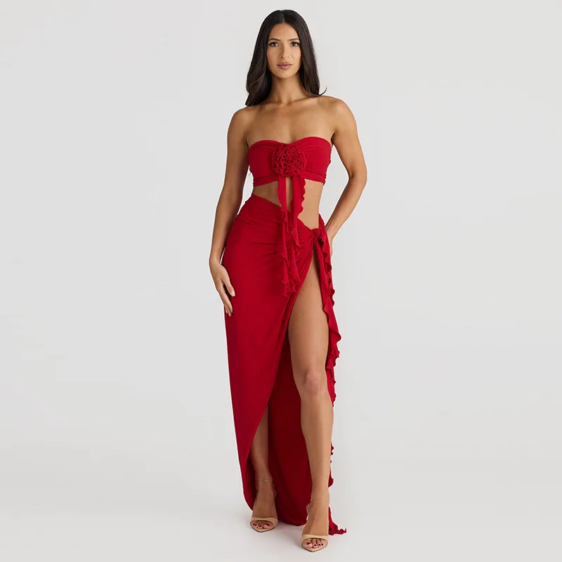 Robe de Rhrose élégante pour femmes, haut 2 pièces, soutien-gorge et jupe longue, sexy, fibre 3D, fleur, fente latérale, fille chaude, robe décontractée, été