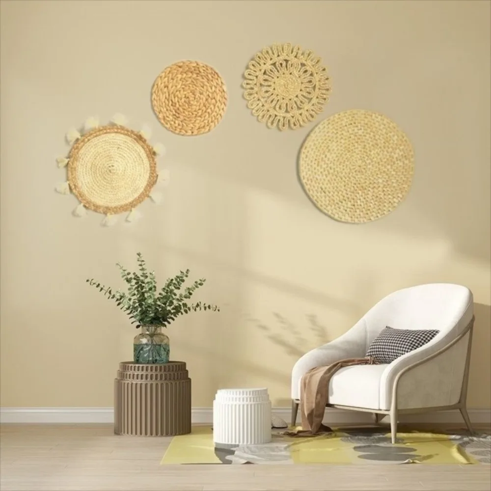 Boho Straw Woven Tray Wall Decor Round Basket Macrame Straw Wall Hangings Non Slip Heat Resistant Woven Coaster Placemat