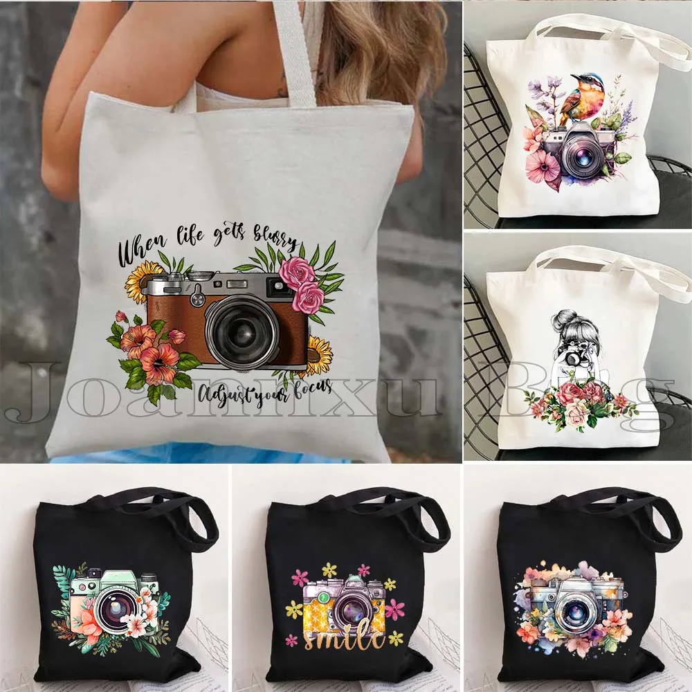 

Floral Camera Girl Butterfly Bird Sunflower Cute Gifts Flower Fashion Canvas Shoulder Tote Bag Harajuku Shopper Shopping Handbag