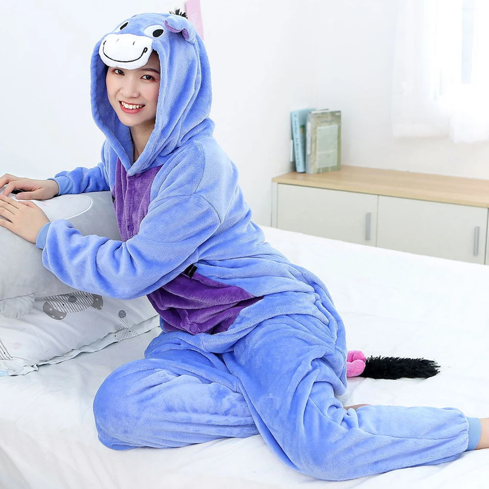 Flannel Animal Adult Onesies Pajamas Set Winter Hooded Cartoon Plush Cosplay One Piece Costume For Women Men Sleepwear Pyjamas