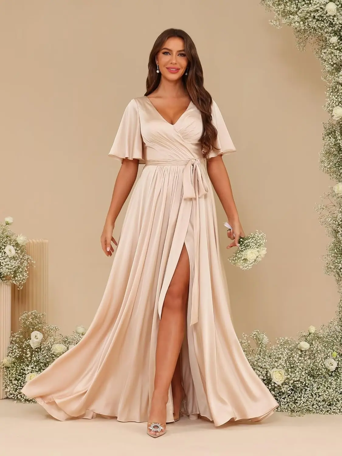 Women's Short Sleeves A-line Bridesmaid Dresses 2025 with Slit Long Ruched Satin Prom Dresses  Evening Dresses